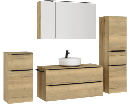 Badezimmerset mit Waschtisch, Waschbecken, Spiegelschrank und Hochschrank