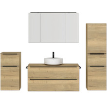 Badezimmer-Set mit Waschtisch, Aufsatzwaschbecken, Spiegelschrank und Hochschränken im Holzdekor