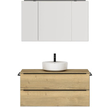 Badmöbel-Set NOBILIA Programm 3 BxHxT 121 x 169,1 x 48,7 cm Frontfarbe eiche natur mit Aufsatz-Waschtisch und Spiegelschrank 3-türig mit LED-Beleuchtung Griffleiste schwarz 511