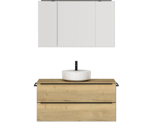 Set de meubles de salle de bains NOBILIA Programm 3 lxhxp 121 x 169,1 x 48,7 cm couleur de façade chêne naturel avec vasque à poser et armoire de toilette à 3 portes avec éclairage LED barre de prise noire 511 Meuble-lavabo combiné avec vasque à poser et armoire de toilette pour la salle de bain
