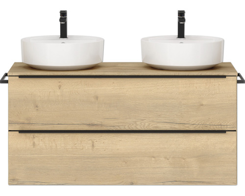 Set de meubles de salle de bains double NOBILIA Programm 3 lxhxp 121 x 59,1 x 48,7 cm couleur de façade chêne naturel avec vasque à poser blanc poignée barre noir 551