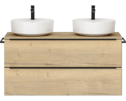 Doppel-Badmöbel-Set NOBILIA Programm 3 BxHxT 121 x 59,1 x 48,7 cm Frontfarbe eiche natur mit Aussatz-Waschbecken weiß Griffleiste schwarz 551 Doppel-Badmöbel-Set NOBILIA Programm 3 BxHxT 121 x 59,1 x 48,7 cm Frontfarbe eiche natur mit Aussatz-Waschbecken weiß Griffleiste schwarz 551