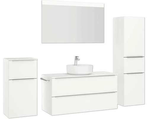 Badezimmerensemble mit Waschtisch, Spiegel, Waschbecken und Hochschrank für ein helles und modernes Ambiente