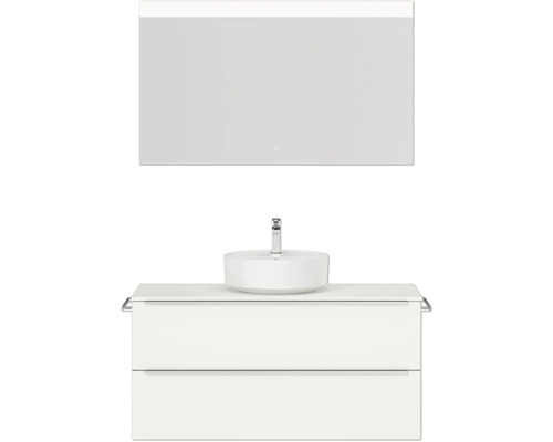Badmöbel-Set NOBILIA Programm 3 BxHxT 121 x 169,1 x 48,7 cm Frontfarbe weiß matt mit Aufsatz-Waschtisch weiß und Spiegel mit LED-Beleuchtung Griffleiste chrom matt 496 Badezimmer mit Waschtischunterschrank, Aufsatzwaschbecken, Armatur und Spiegel