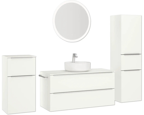 Ensemble de salle de bains moderne avec meuble-lavabo, vasque à poser, armoire de toilette et armoire haute
