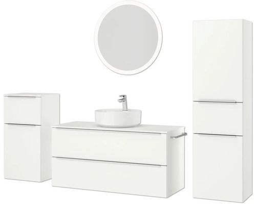 Ensemble de salle de bains avec meuble-lavabo, vasque à poser, armoire de toilette et armoire haute