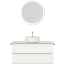 Badmöbel-Set NOBILIA Programm 3 BxHxT 121 x 169,1 x 48,7 cm Frontfarbe weiß matt mit Aufsatz-Waschtisch weiß und Spiegel rund mit LED-Beleuchtung Griffleiste chrom matt 512