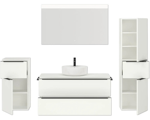 Badezimmerensemble mit Waschtischunterschrank, Aufsatzwaschbecken, Spiegelschrank und Hochschrank