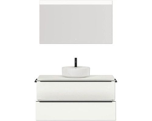 Combinaison de lavabo avec vasque à poser, meuble sous-lavabo et miroir pour la salle de bain