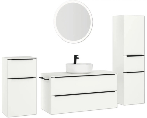 Badezimmerensemble mit Waschtischunterschrank, Aufsatzwaschbecken, Spiegelschrank und Hochschrank