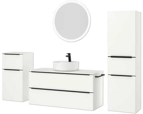 Badezimmerensemble mit Waschtisch, Aufsatzwaschbecken, Spiegelschrank und Seitenschrank