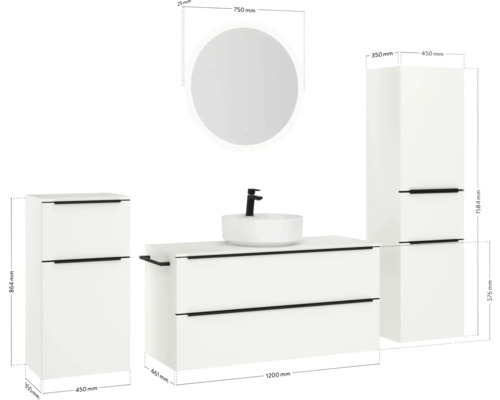 Badezimmerensemble mit Waschtischunterschrank, Aufsatzwaschbecken, Spiegelschrank und Hochschrank