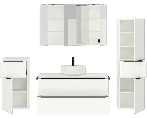 Ensemble de meubles de salle de bains avec lavabo, armoire de toilette et armoires hautes