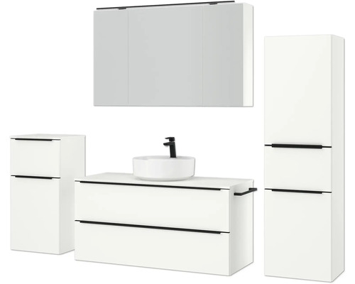 Ensemble de salle de bains moderne avec meuble sous-vasque, armoire suspendue et armoire haute pour un aménagement élégant