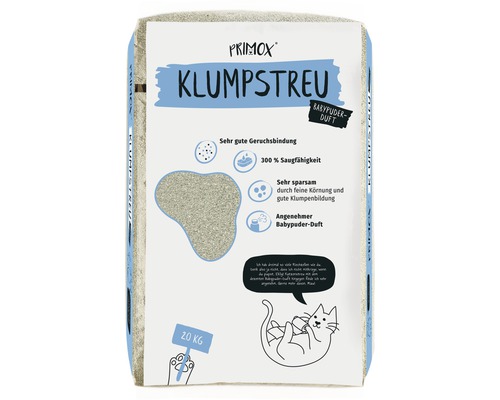 Litière pour chats PRIMOX agglomérante, senteur talc 20 kg Litière agglomérante Primox pour chat avec parfum de poudre pour bébé, paquet de 20 kilogrammes