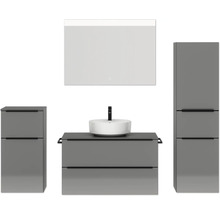 Badezimmerensemble mit Waschtisch, Aufsatzwaschbecken, Spiegelschrank und Hochschrank