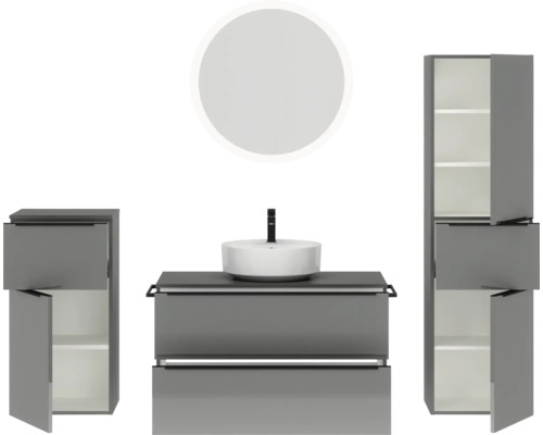Badezimmerensemble mit Waschtisch, Aufsatzwaschbecken, Spiegel und Hochschränken