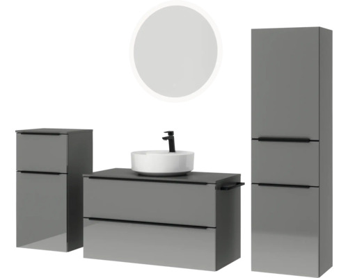 Badezimmersatz mit Waschtisch, Waschbecken, Spiegelschrank und Hochschrank