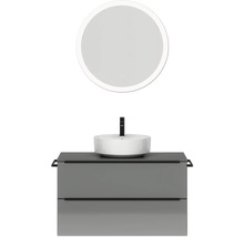 Badmöbel-Set NOBILIA Programm 3 BxHxT 101 x 169,1 x 48,7 cm Frontfarbe grau hochglanz mit Aufsatz-Waschtisch weiß und Spiegel rund mit LED-Beleuchtung Griffleiste schwarz 461