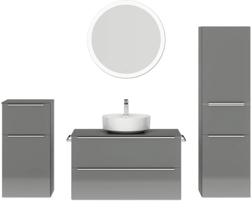 Set de meubles de salle de bains NOBILIA Programm 3 lxhxp 210 x 169,1 x 48,7 cm couleur de façade gris haute brillance avec vasque à poser blanc et miroir rond avec éclairage LED armoire midi meuble bas barre de prise chrome mat 484