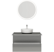 Badmöbel-Set NOBILIA Programm 3 BxHxT 101 x 169,1 x 48,7 cm Frontfarbe grau hochglanz mit Aufsatz-Waschtisch weiß und Spiegel rund mit LED-Beleuchtung Griffleiste chrom matt 460