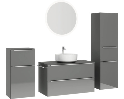 Badezimmerset mit Waschtisch, Waschbecken, Spiegelschrank und Hochschrank