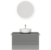 Badmöbel-Set NOBILIA Programm 3 BxHxT 101 x 169,1 x 48,7 cm Frontfarbe grau hochglanz mit Aufsatz-Waschtisch weiß und Spiegel rund mit LED-Beleuchtung Griffleiste chrom matt 460