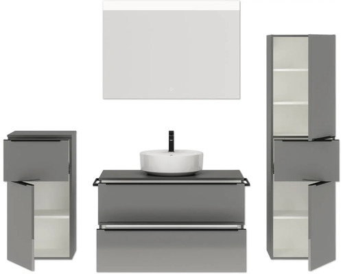 Ensemble de salle de bains avec meuble-lavabo, lavabo, armoire de toilette et armoires hautes