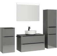 Badmöbel-Set NOBILIA Programm 3 BxHxT 210 x 169,1 x 48,7 cm Frontfarbe grau hochglanz mit Aufsatz-Waschtisch weiß und Spiegel mit LED-Beleuchtung Midischrank Unterschrank Griffleiste schwarz 469