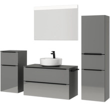 Badmöbel-Set NOBILIA Programm 3 BxHxT 210 x 169,1 x 48,7 cm Frontfarbe grau hochglanz mit Aufsatz-Waschtisch weiß und Spiegel mit LED-Beleuchtung Midischrank Unterschrank Griffleiste schwarz 469