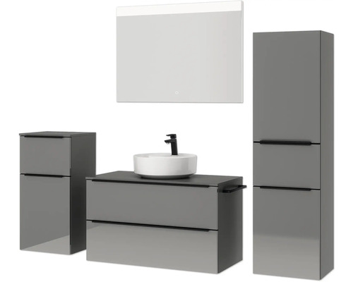 Meubles de salle de bains gris avec lavabo, miroir et armoire haute
