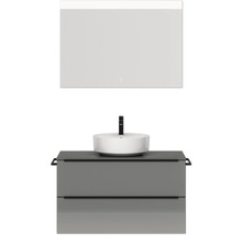 Badmöbel-Set NOBILIA Programm 3 BxHxT 101 x 169,1 x 48,7 cm Frontfarbe grau hochglanz mit Aufsatz-Waschtisch weiß und Spiegel mit LED-Beleuchtung Griffleiste schwarz 445
