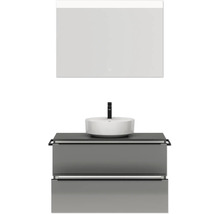 Badmöbel-Set NOBILIA Programm 3 BxHxT 101 x 169,1 x 48,7 cm Frontfarbe grau hochglanz mit Aufsatz-Waschtisch weiß und Spiegel mit LED-Beleuchtung Griffleiste schwarz 445