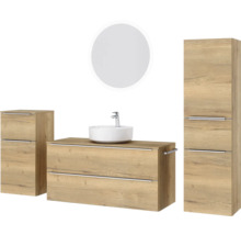 Badmöbel-Set NOBILIA Programm 3 BxHxT 230 x 169,1 x 48,7 cm Frontfarbe eiche natur mit Aufsatz-Waschtisch weiß und Spiegel rund mit LED-Beleuchtung Midischrank Unterschrank Griffleiste chrom matt 542