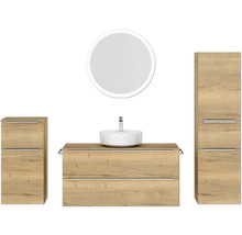 Badmöbel-Set NOBILIA Programm 3 BxHxT 230 x 169,1 x 48,7 cm Frontfarbe eiche natur mit Aufsatz-Waschtisch weiß und Spiegel rund mit LED-Beleuchtung Midischrank Unterschrank Griffleiste chrom matt 542