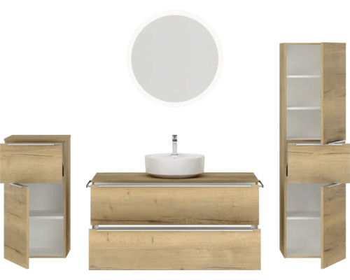 Ensemble de salle de bains avec lavabo, meuble sous-vasque, armoire de toilette et armoire haute