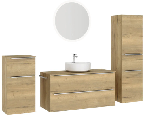 Ensemble de salle de bains avec meuble sous-lavabo, vasque à poser, armoire de toilette et armoire haute