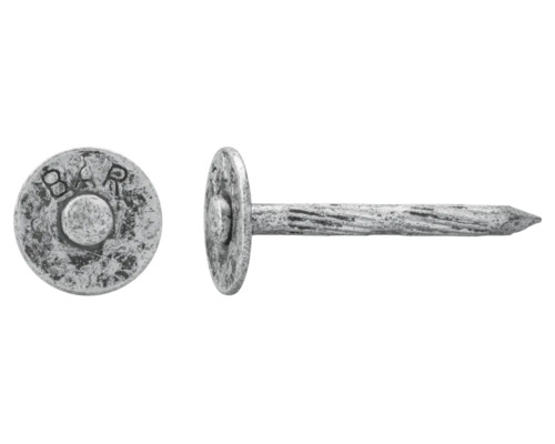 Vue de dessus et vue latérale d''un clou en acier avec tige moletée et inscription BAR