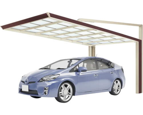 Carport simple Ximax My-Port Next type 60 aluminium anodisé 233 x 514,5 cm marron Abri de voiture avec une voiture bleue en dessous