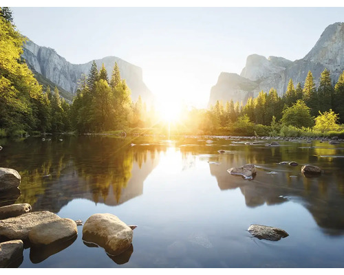 Paysage avec rivière, arbres et montagnes au soleil