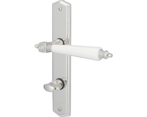 Poignée sur plaque longue WC Odin laiton couleur acier inoxydable/poli Garniture de porte avec poignée blanche et revêtement chromé