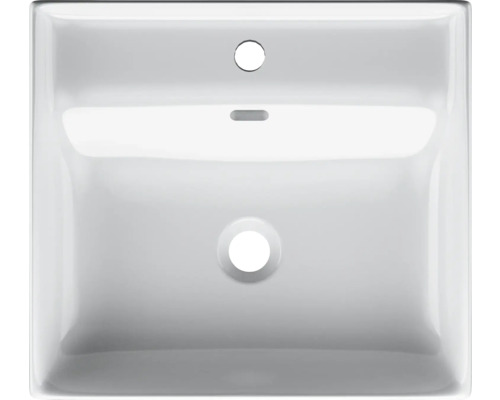 Vue de dessus d''un lavabo en céramique blanche avec trou de robinet et trop-plein