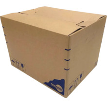 Carton de déménagement brun fermé avec symboles d''avertissement et impression Packpoint