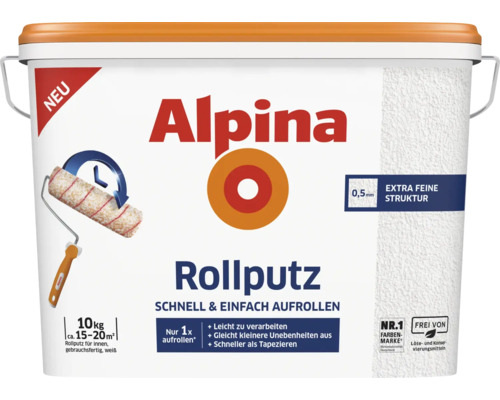 Crépi au rouleau Alpina extra fin 0,5 mm blanc 10 kg Alpina Rollputz prêt à l''emploi dans un seau avec une structure extra fine de 0,5 mm