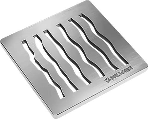 Quadratischer Bodenablauf aus Metall mit wellenförmigem Schlitzmuster und Ballmaier Logo