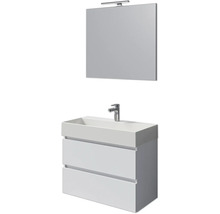 Waschtisch mit zwei Schubladen, Aufsatzwaschbecken, Spiegel und Lampe