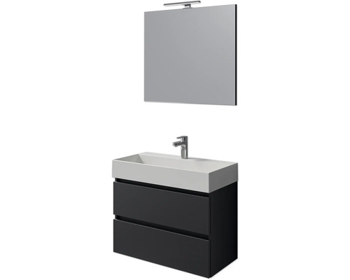 Set de meubles de salle de bains Pelipal Torino lxhxp 200 x 40 x 40 cm couleur de façade noir mat set de meubles de salle de bains 4 pièces avec vasque en céramique blanc et vasque en céramique meuble sous vasque armoire de toilette éclairage LED