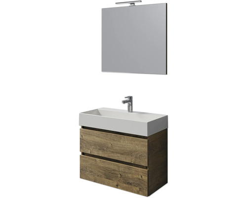 Set de meubles de salle de bains Pelipal Torino lxhxp 200 x 40 x 40 cm couleur de façade chêne ribbeck set de meubles 4 pièces avec vasque en céramique blanc et vasque en céramique meuble sous vasque miroir avec éclairage LED