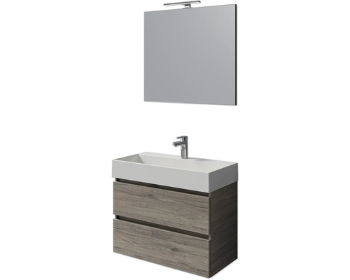 Badmöbel-Set Pelipal Torino BxHxT 200 x 40 x 40 cm Frontfarbe eiche sanremo Badmöbelset 4-teilig mit Waschtisch Keramik weiß und Keramik-Waschtisch Waschtischunterschrank Spiegel mit LED-Beleuchtung Waschtisch mit Spiegel und Unterschrank mit zwei Schubladen im Badezimmer