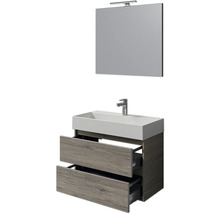 Badezimmermöbel-Set mit Waschbecken, Unterschrank mit offenen Schubladen und Spiegel mit Lampe